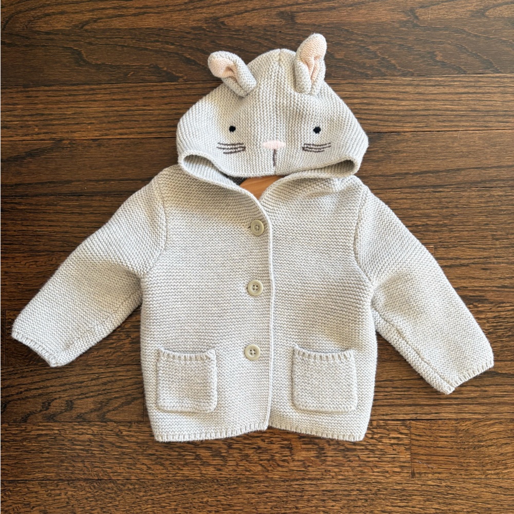 Baby Gap Gray Knit Button Up Hoodie Sweater w Bunny Ears on Hood - 3-6m EUC